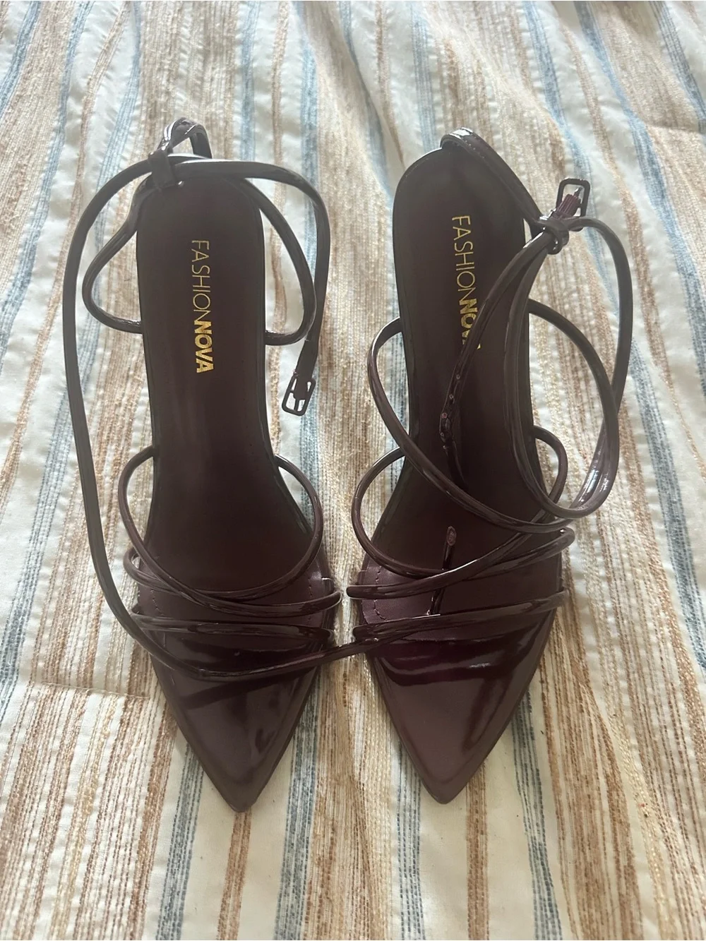 Fashion Nova Patent Strappy Stiletto Heels in Dark Brown